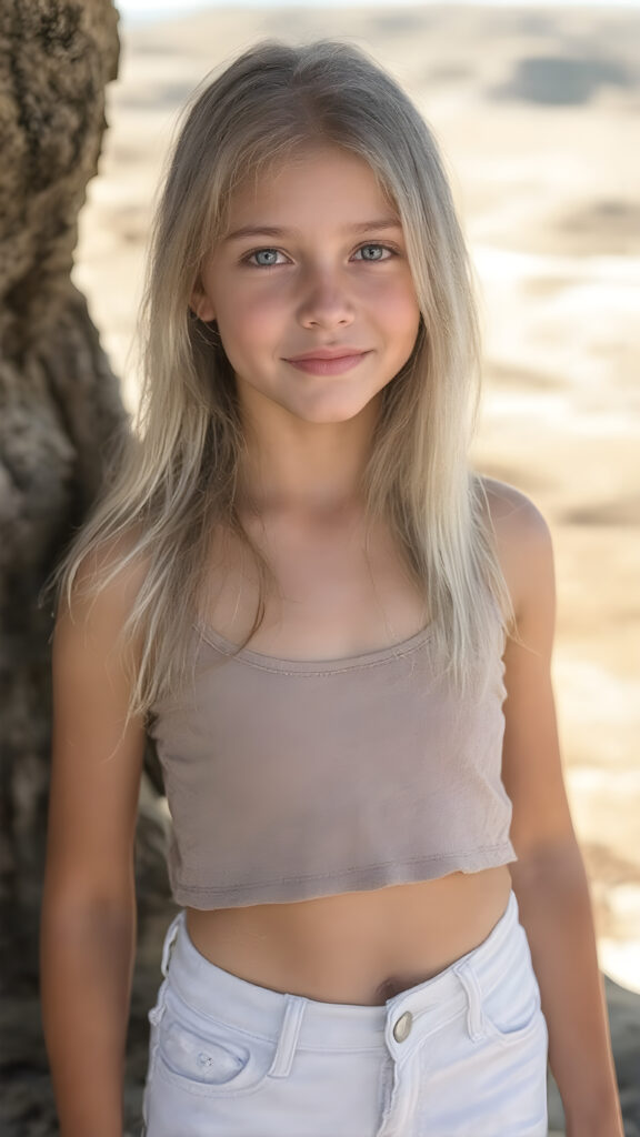 A (((detailed and realistic full-body photo))), capturing a (((very young girl))) with long, straight jet white hair and a gentle smile, dressed in a (((cropped spaghetti tank top))), which accentuates her (flawlessly proportioned figure), with (white skin tight blue jeans) that convey a sense of comfort and style. Her eyes are (((brown))) and exude a sense of youthful vitality. The backdrop is (perfectly clear and sunny day) with (golden brown skin) and (softly rolling hills) that enhance the natural beauty of the scene, you can see her perfect cute round belly button