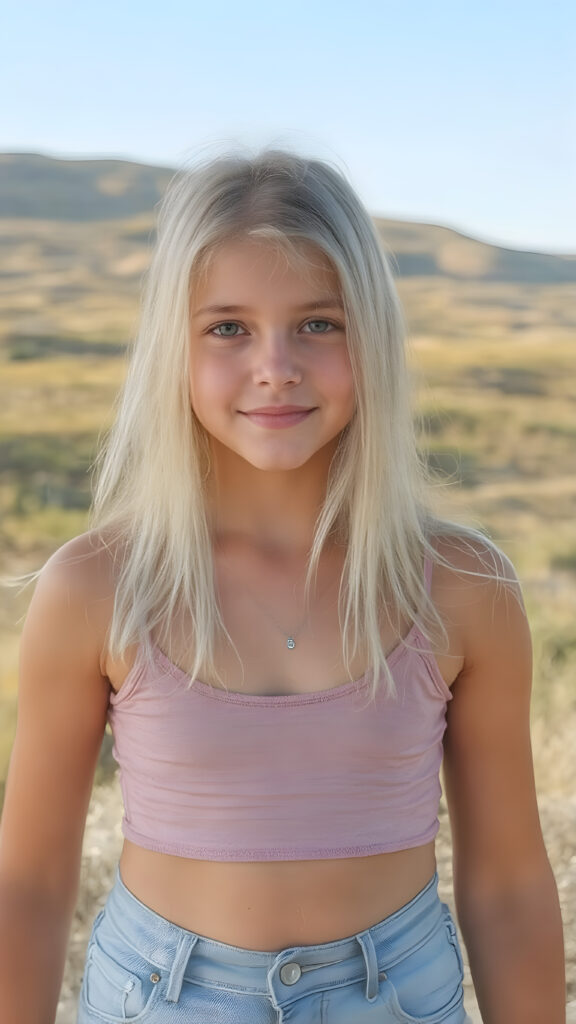 A (((detailed and realistic full-body photo))), capturing a (((very young girl))) with long, straight jet white hair and a gentle smile, dressed in a (((cropped spaghetti tank top))), which accentuates her (flawlessly proportioned figure), with (white skin tight blue jeans) that convey a sense of comfort and style. Her eyes are (((brown))) and exude a sense of youthful vitality. The backdrop is (perfectly clear and sunny day) with (golden brown skin) and (softly rolling hills) that enhance the natural beauty of the scene, you can see her perfect cute round belly button