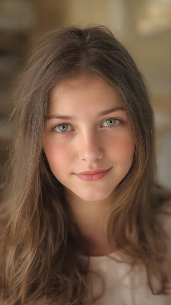 A (((detailed, centered full-body portrait))) featuring a girl with (((long, slightly wavy brown hair))), and (((light brown and pale yellow irises))) that convey a gentle expression. Her lips are full with (((bright red color)), and a (thin, pointed nose) adds to her elegant features. The girl is looking directly at the camera, with a soft focus on her face and the camera's light capturing her whole form. She is dressed in a (((super straight medium length soft blue and pale yellow tones))) with no wrinkles or design elements. The camera's light has illuminated her face and shoulders, giving her a soft glow that complements her overall look. She is smiling warmly. She has a soft, gentle expression that matches the camera's focus on her face. A (professional studio setting) with high resolution and UHD clarity, perfectly capturing the essence of a (professional photograph).