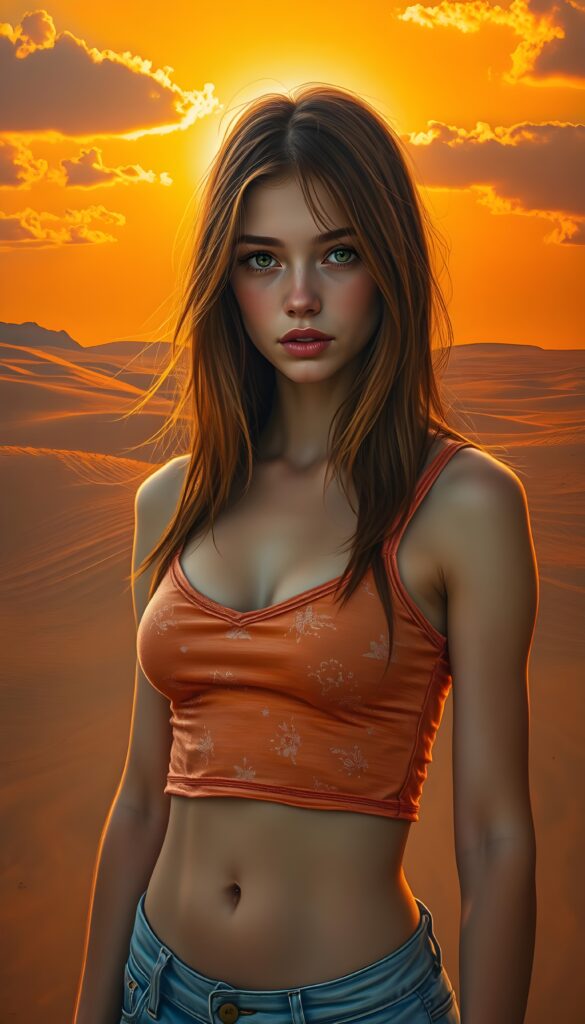 A detailed and realistic portrait of a young teenage girl with long, flowing straight red shoulder-length hair and striking amber eyes, showcasing her curvaceous figure in a fitted, slightly orange cropped tank top with a deep V-neck. The backdrop features a vast, sandy desert landscape under an orange sunset, with dramatic clouds casting a warm, golden glow across the scene. The girl stands confidently, her hair gently flowing in the breeze, while rays of sunlight highlight her radiant skin and captivating gaze.
