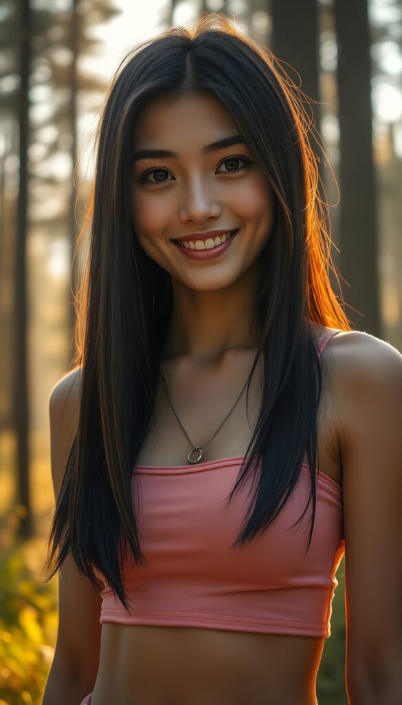 A detailed and realistic portrait of a stunning, gorgeous girl, her eyes sparkling with joy. Straight jet soft dark long hair reach her shoulder, and she wears a short, pink tank top that contrasts beautifully with the golden, sun-kissed setting. She wears a round mini skirt, flawless legs. The background is a lush forest with tall trees and a soft, misty sky with a soft glow.