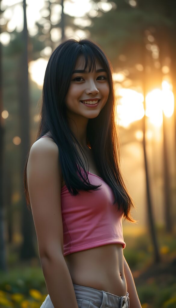 A detailed and realistic portrait of a stunning, gorgeous girl, her eyes sparkling with joy. Straight jet soft dark long hair reach her shoulder, and she wears a short, pink tank top that contrasts beautifully with the golden, sun-kissed setting. She wears a round mini skirt, flawless legs. The background is a lush forest with tall trees and a soft, misty sky with a soft glow.