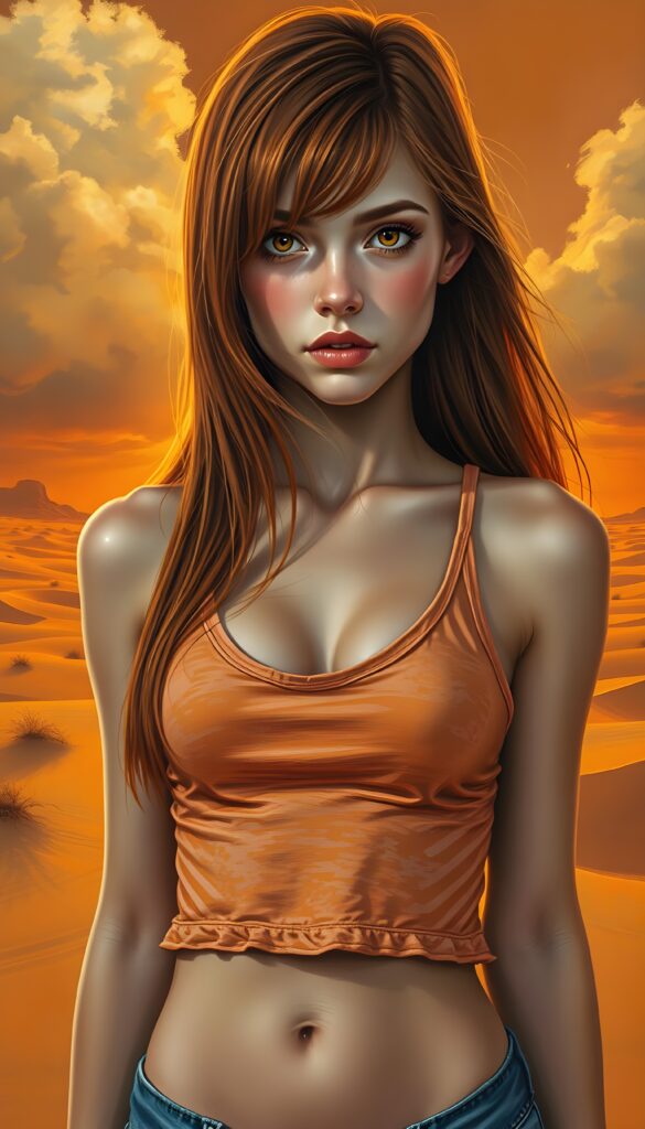 A detailed and realistic portrait of a young teenage girl with long, flowing straight red shoulder-length hair and striking amber eyes, showcasing her curvaceous figure in a fitted, slightly orange cropped tank top with a deep V-neck. The backdrop features a vast, sandy desert landscape under an orange sunset, with dramatic clouds casting a warm, golden glow across the scene. The girl stands confidently, her hair gently flowing in the breeze, while rays of sunlight highlight her radiant skin and captivating gaze.