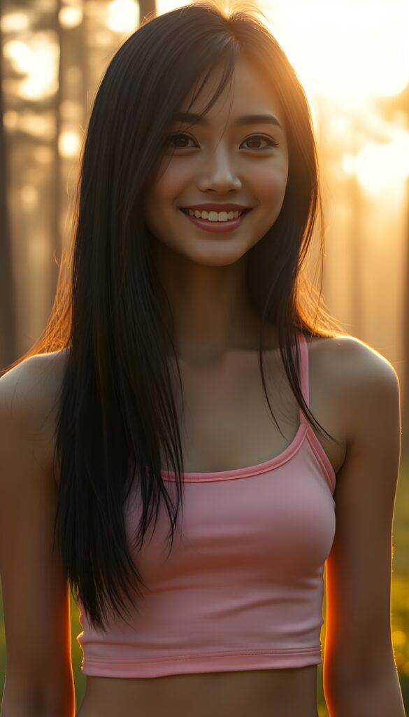 A detailed and realistic portrait of a stunning, gorgeous girl, her eyes sparkling with joy. Straight jet soft dark long hair reach her shoulder, and she wears a short, pink tank top that contrasts beautifully with the golden, sun-kissed setting. She wears a round mini skirt, flawless legs. The background is a lush forest with tall trees and a soft, misty sky with a soft glow.