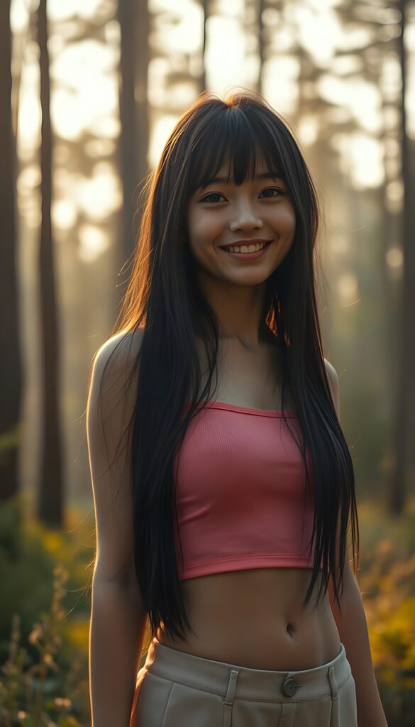 A detailed and realistic portrait of a stunning, gorgeous girl, her eyes sparkling with joy. Straight jet soft dark long hair reach her shoulder, and she wears a short, pink tank top that contrasts beautifully with the golden, sun-kissed setting. She wears a round mini skirt, flawless legs. The background is a lush forest with tall trees and a soft, misty sky with a soft glow.