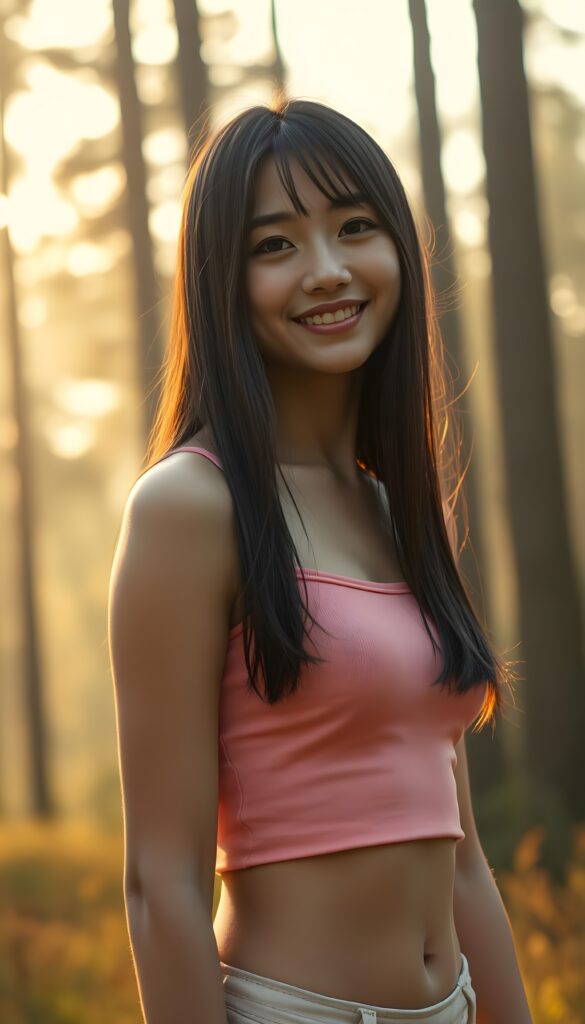 A detailed and realistic portrait of a stunning, gorgeous girl, her eyes sparkling with joy. Straight jet soft dark long hair reach her shoulder, and she wears a short, pink tank top that contrasts beautifully with the golden, sun-kissed setting. She wears a round mini skirt, flawless legs. The background is a lush forest with tall trees and a soft, misty sky with a soft glow.