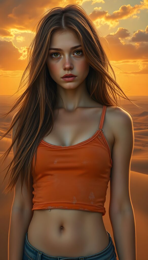 A detailed and realistic portrait of a young teenage girl with long, flowing straight red shoulder-length hair and striking amber eyes, showcasing her curvaceous figure in a fitted, slightly orange cropped tank top with a deep V-neck. The backdrop features a vast, sandy desert landscape under an orange sunset, with dramatic clouds casting a warm, golden glow across the scene. The girl stands confidently, her hair gently flowing in the breeze, while rays of sunlight highlight her radiant skin and captivating gaze.