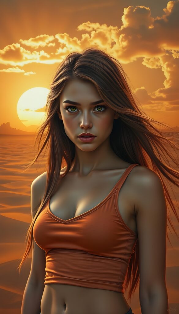 A detailed and realistic portrait of a young teenage girl with long, flowing straight red shoulder-length hair and striking amber eyes, showcasing her curvaceous figure in a fitted, slightly orange cropped tank top with a deep V-neck. The backdrop features a vast, sandy desert landscape under an orange sunset, with dramatic clouds casting a warm, golden glow across the scene. The girl stands confidently, her hair gently flowing in the breeze, while rays of sunlight highlight her radiant skin and captivating gaze.
