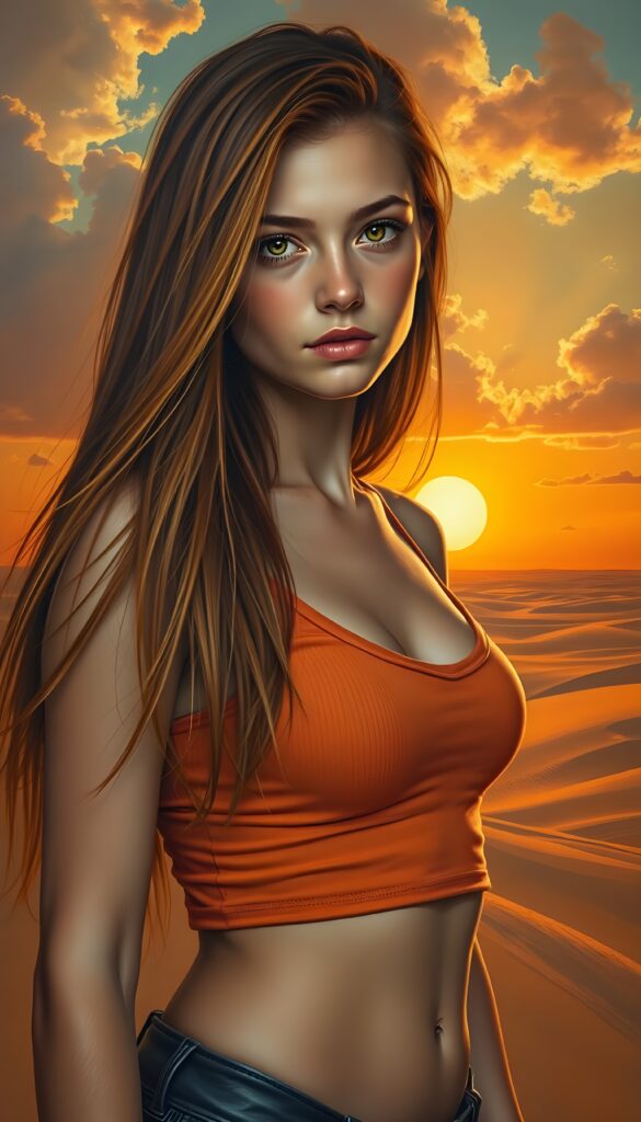 A detailed and realistic portrait of a young teenage girl with long, flowing straight red shoulder-length hair and striking amber eyes, showcasing her curvaceous figure in a fitted, slightly orange cropped tank top with a deep V-neck. The backdrop features a vast, sandy desert landscape under an orange sunset, with dramatic clouds casting a warm, golden glow across the scene. The girl stands confidently, her hair gently flowing in the breeze, while rays of sunlight highlight her radiant skin and captivating gaze.