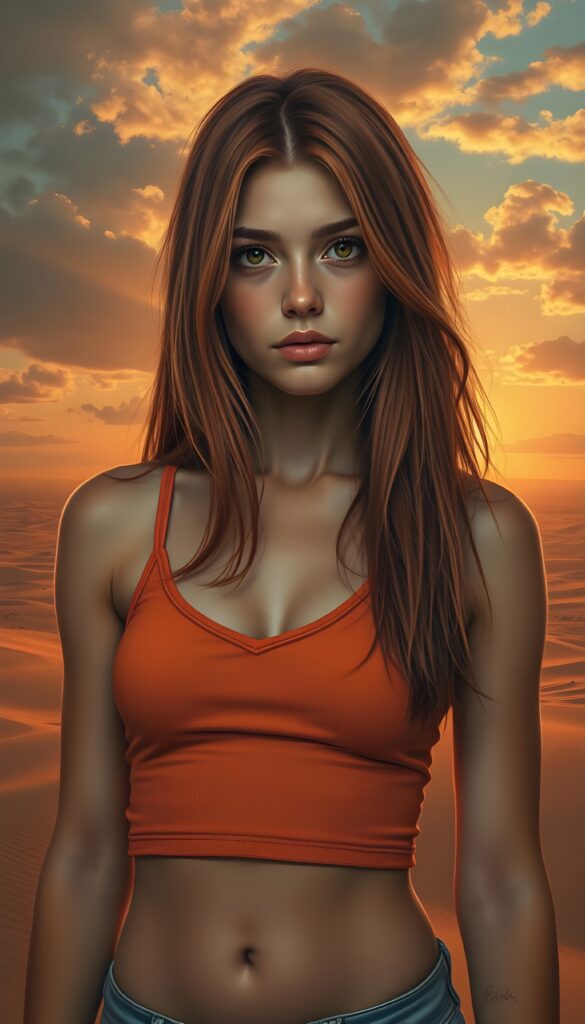 A detailed and realistic portrait of a young teenage girl with long, flowing straight red shoulder-length hair and striking amber eyes, showcasing her curvaceous figure in a fitted, slightly orange cropped tank top with a deep V-neck. The backdrop features a vast, sandy desert landscape under an orange sunset, with dramatic clouds casting a warm, golden glow across the scene. The girl stands confidently, her hair gently flowing in the breeze, while rays of sunlight highlight her radiant skin and captivating gaze.