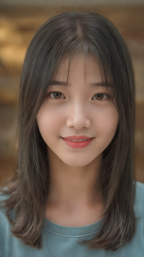 A (((detailed, centered full-body portrait))) featuring a Korean girl with (((long, slightly straight black hair))), and (((light brown and pale yellow irises))) that convey a gentle expression. Her lips are full with (((bright red color)), and a (thin, pointed nose) adds to her elegant features. The girl is looking directly at the camera, with a soft focus on her face and the camera's light capturing her whole form. She is dressed in a (((super straight medium length t-shirt soft blue and pale yellow tones))) with no wrinkles or design elements. The camera's light has illuminated her face and shoulders, giving her a soft glow that complements her overall look. She is smiling warmly. She has a soft, gentle expression that matches the camera's focus on her face. A (professional studio setting) with high resolution and UHD clarity, perfectly capturing the essence of a (professional photograph).