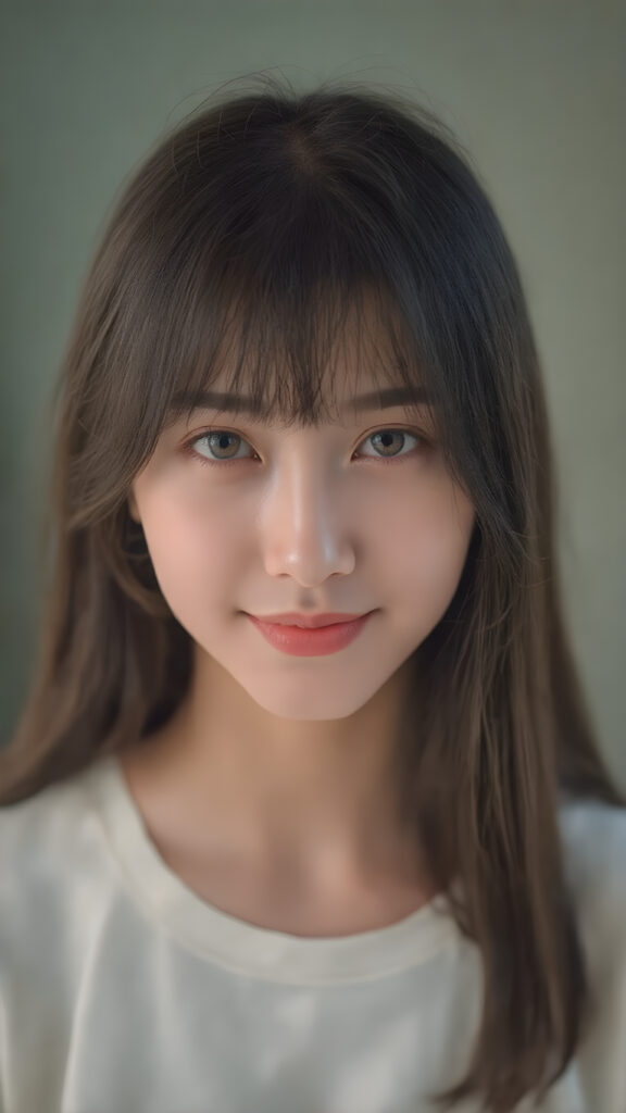 A (((detailed, centered full-body portrait))) featuring a Korean girl with (((long, slightly straight black hair))), and (((light brown and pale yellow irises))) that convey a gentle expression. Her lips are full with (((bright red color)), and a (thin, pointed nose) adds to her elegant features. The girl is looking directly at the camera, with a soft focus on her face and the camera's light capturing her whole form. She is dressed in a (((super straight medium length t-shirt soft blue and pale yellow tones))) with no wrinkles or design elements. The camera's light has illuminated her face and shoulders, giving her a soft glow that complements her overall look. She is smiling warmly. She has a soft, gentle expression that matches the camera's focus on her face. A (professional studio setting) with high resolution and UHD clarity, perfectly capturing the essence of a (professional photograph).