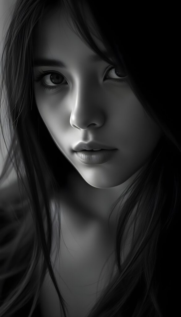 A detailed black-and-white photo in fantastic shades of gray of an enchanting girl, a close-up of her flawless face. Black hair falls in soft strands around her round face. Plump, full lips. Deep black eyes reflect the light.