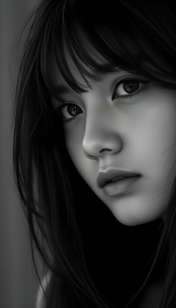 A detailed black-and-white photo in fantastic shades of gray of an enchanting girl, a close-up of her flawless face. Black hair falls in soft strands around her round face. Plump, full lips. Deep black eyes reflect the light.