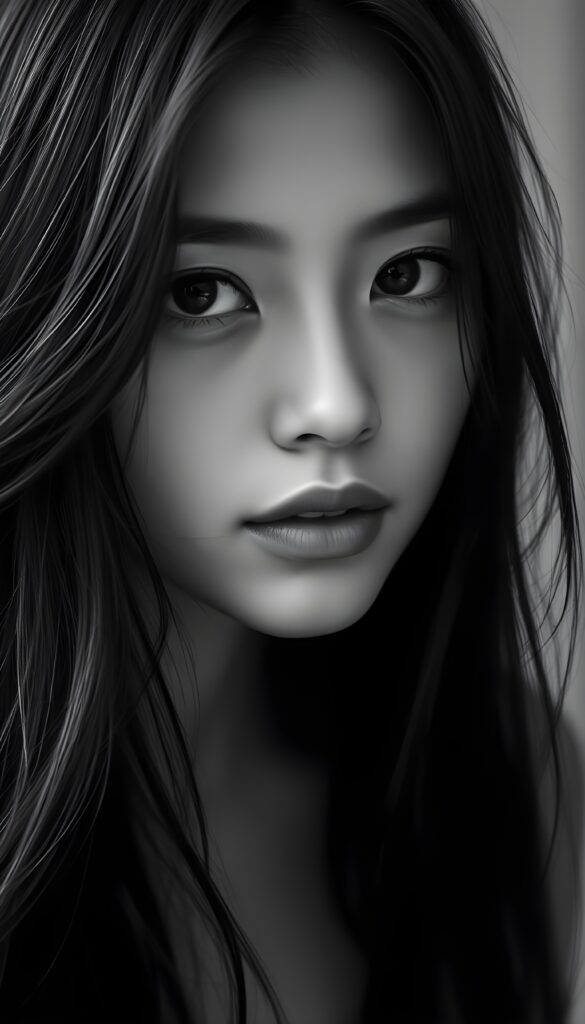 A detailed black-and-white photo in fantastic shades of gray of an enchanting girl, a close-up of her flawless face. Black hair falls in soft strands around her round face. Plump, full lips. Deep black eyes reflect the light.