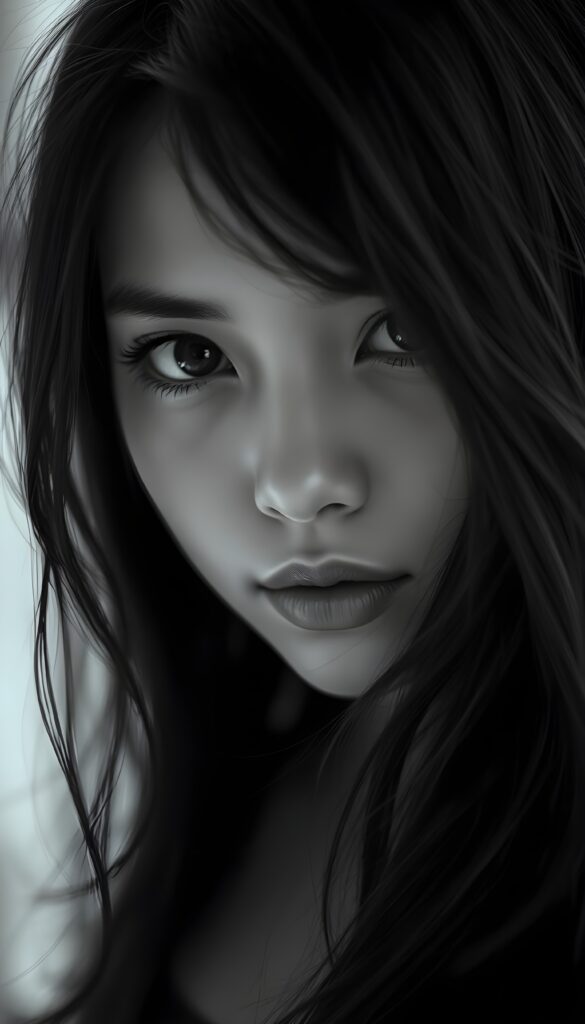 A detailed black-and-white photo in fantastic shades of gray of an enchanting girl, a close-up of her flawless face. Black hair falls in soft strands around her round face. Plump, full lips. Deep black eyes reflect the light.
