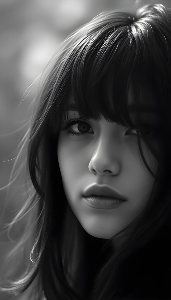 A detailed black-and-white photo in fantastic shades of gray of an enchanting girl, a close-up of her flawless face. Black hair falls in soft strands around her round face. Plump, full lips. Deep black eyes reflect the light.