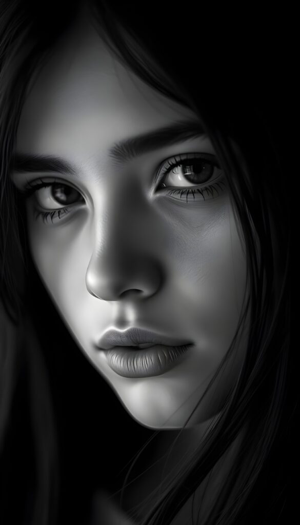 A detailed black-and-white photo in fantastic shades of gray of an enchanting girl, a close-up of her flawless face. Black hair falls in soft strands around her round face. Plump, full lips. Deep black eyes reflect the light.