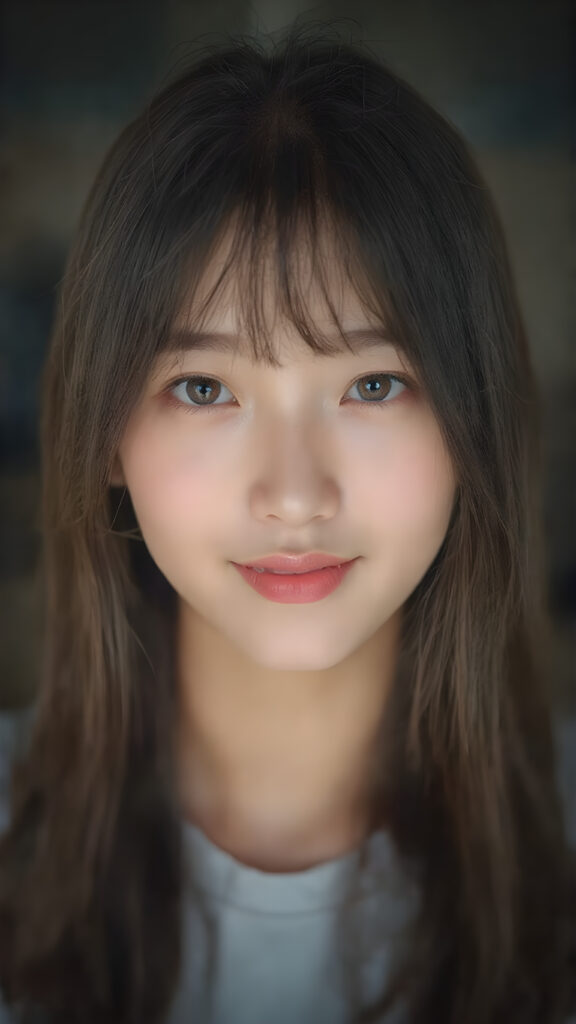 A (((detailed, centered full-body portrait))) featuring a Korean girl with (((long, slightly straight black hair))), and (((light brown and pale yellow irises))) that convey a gentle expression. Her lips are full with (((bright red color)), and a (thin, pointed nose) adds to her elegant features. The girl is looking directly at the camera, with a soft focus on her face and the camera's light capturing her whole form. She is dressed in a (((super straight medium length t-shirt soft blue and pale yellow tones))) with no wrinkles or design elements. The camera's light has illuminated her face and shoulders, giving her a soft glow that complements her overall look. She is smiling warmly. She has a soft, gentle expression that matches the camera's focus on her face. A (professional studio setting) with high resolution and UHD clarity, perfectly capturing the essence of a (professional photograph).