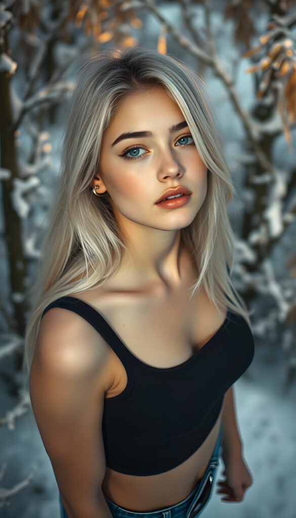 A detailed, cinematic close-up portrait of a radiant teenage girl wearing a fitted, short black crop tank top that emphasizes her perfect, curvy silhouette. She has an angelic, round face with full lips and long, straight, platinum blonde hair flowing elegantly around her. The scene is set in a serene, winter landscape with crisp, snow-covered trees and a soft, golden sunset casting a warm, magical glow. The perspective is from above, giving a dreamy, ethereal feel to the composition. Her eyes sparkle with a sense of wonder as she gazes into the distance, creating an enchanting and uplifting atmosphere.