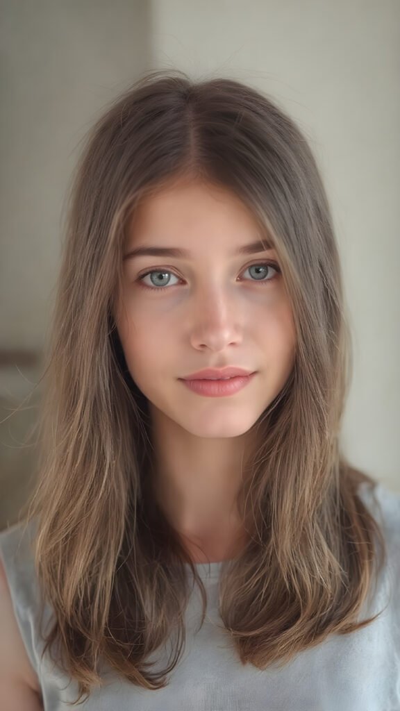 A (((detailed, centered full-body portrait))) featuring a girl with (((long, slightly wavy brown hair))), and (((light brown and pale yellow irises))) that convey a gentle expression. Her lips are full with (((bright red color)), and a (thin, pointed nose) adds to her elegant features. The girl is looking directly at the camera, with a soft focus on her face and the camera's light capturing her whole form. She is dressed in a (((super straight medium length soft blue and pale yellow tones))) with no wrinkles or design elements. The camera's light has illuminated her face and shoulders, giving her a soft glow that complements her overall look. She is smiling warmly. She has a soft, gentle expression that matches the camera's focus on her face. A (professional studio setting) with high resolution and UHD clarity, perfectly capturing the essence of a (professional photograph).