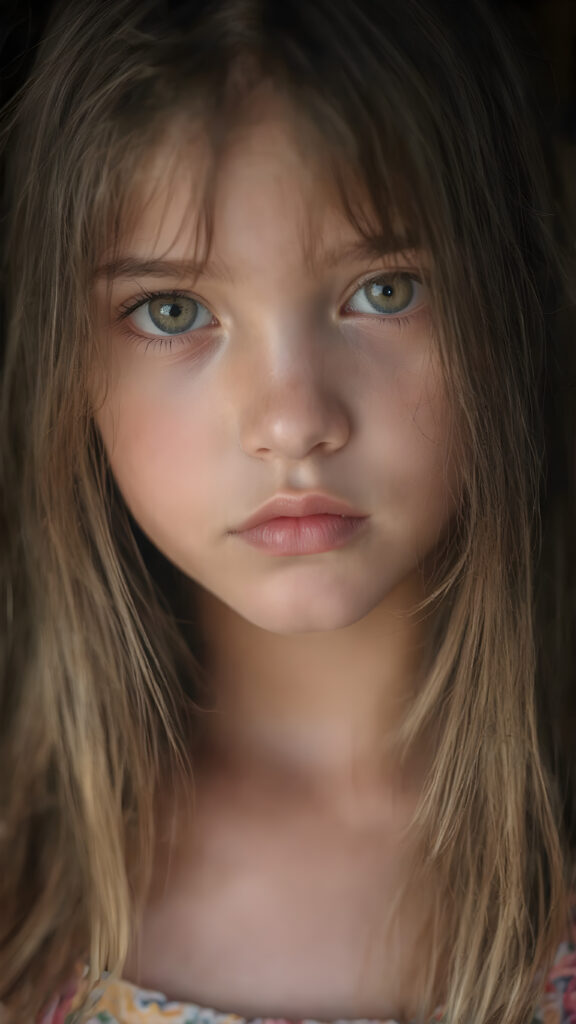 A (((detailed portrait))) of a (((beautiful young girl))) with a ((vividly colorful and hyper-detailed expressive, glossy lips, and expressive big happy eyes, yet delicate facial features. Her long, straight hair framing her face as she gazes confidently forward. Her skin is exuding (hyper-realistic, detailed texture), adorned with a (short, intricate colorful floral pattern) that draws attention to her slender figure.