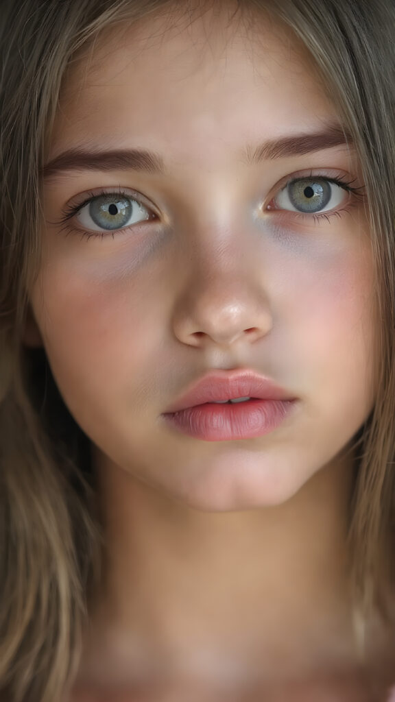 A (((detailed portrait))) of a (((beautiful young girl))) with a ((vividly colorful and hyper-detailed expressive, glossy lips, and expressive big happy eyes, yet delicate facial features. Her long, straight hair framing her face as she gazes confidently forward. Her skin is exuding (hyper-realistic, detailed texture), adorned with a (short, intricate colorful floral pattern) that draws attention to her slender figure.