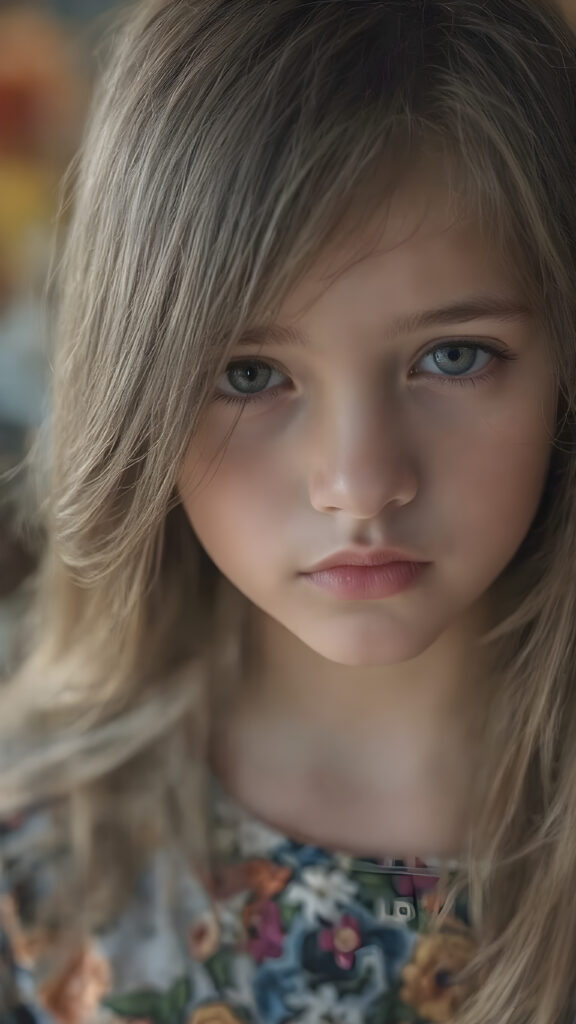 A (((detailed portrait))) of a (((beautiful young girl))) with a ((vividly colorful and hyper-detailed expressive, glossy lips, and expressive big happy eyes, yet delicate facial features. Her long, straight hair framing her face as she gazes confidently forward. Her skin is exuding (hyper-realistic, detailed texture), adorned with a (short, intricate colorful floral pattern) that draws attention to her slender figure.