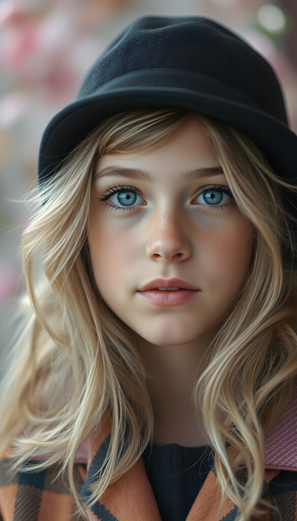 A detailed portrait of a 15-year-old girl with a youthful, radiant expression, looking directly at the viewer. She wears a stylish black hat and a vibrant checkered coat, contrasting with her soft, wavy blonde hair. Her eyes are a captivating light blue, framed by delicate eyelashes, and her full lips are subtly pink. The image is rendered in soft, pastel colors, with a gentle glow enhancing her features. The background is a dreamy blend of pastel hues, creating a serene and enchanting atmosphere.