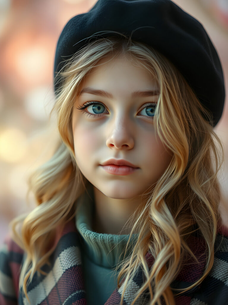 A detailed portrait of a 15-year-old girl with a youthful, radiant expression, looking directly at the viewer. She wears a stylish black hat and a vibrant checkered coat, contrasting with her soft, wavy blonde hair. Her eyes are a captivating light blue, framed by delicate eyelashes, and her full lips are subtly pink. The image is rendered in soft, pastel colors, with a gentle glow enhancing her features. The background is a dreamy blend of pastel hues, creating a serene and enchanting atmosphere.