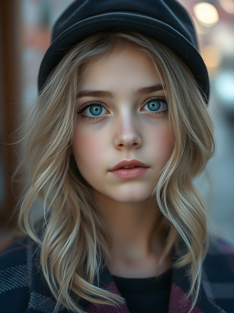 A detailed portrait of a 15-year-old girl with a youthful, radiant expression, looking directly at the viewer. She wears a stylish black hat and a vibrant checkered coat, contrasting with her soft, wavy blonde hair. Her eyes are a captivating light blue, framed by delicate eyelashes, and her full lips are subtly pink. The image is rendered in soft, pastel colors, with a gentle glow enhancing her features. The background is a dreamy blend of pastel hues, creating a serene and enchanting atmosphere.