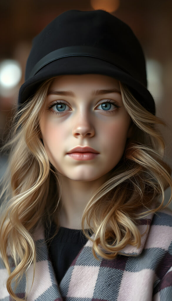 A detailed portrait of a 15-year-old girl with a youthful, radiant expression, looking directly at the viewer. She wears a stylish black hat and a vibrant checkered coat, contrasting with her soft, wavy blonde hair. Her eyes are a captivating light blue, framed by delicate eyelashes, and her full lips are subtly pink. The image is rendered in soft, pastel colors, with a gentle glow enhancing her features. The background is a dreamy blend of pastel hues, creating a serene and enchanting atmosphere.