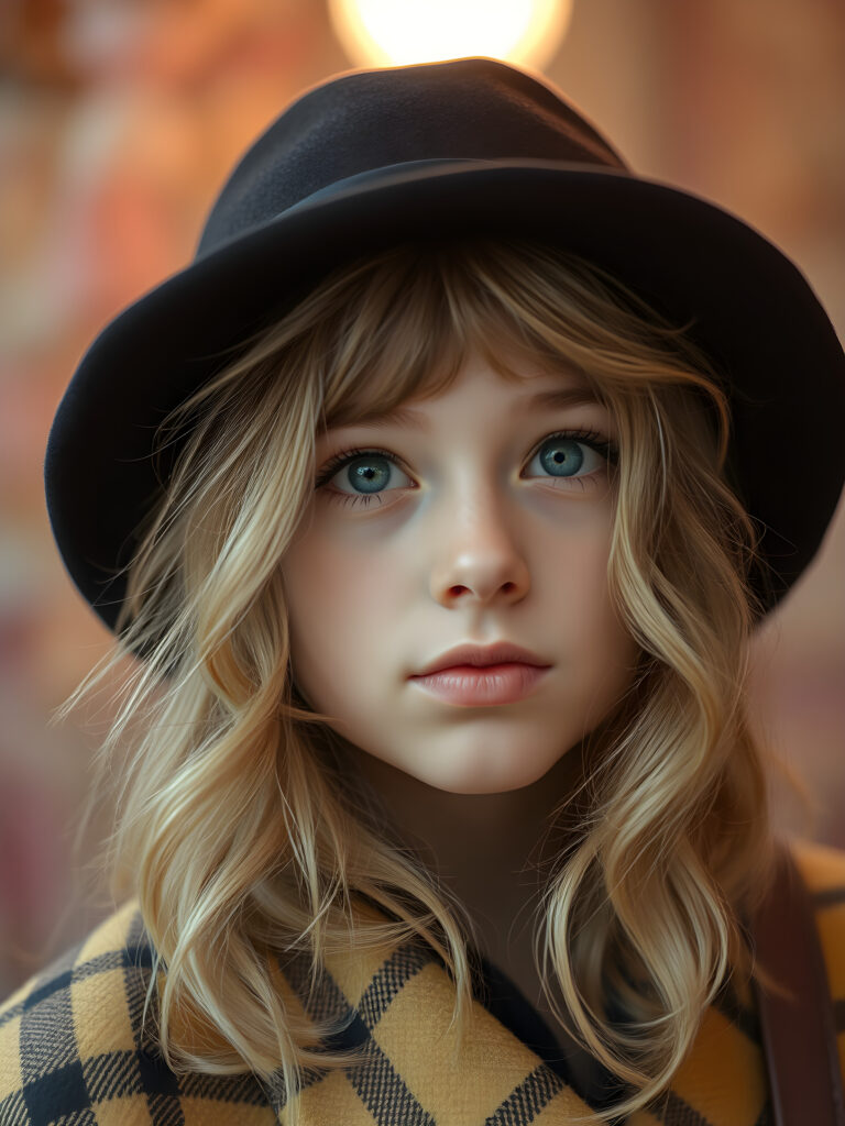 A detailed portrait of a 15-year-old girl with a youthful, radiant expression, looking directly at the viewer. She wears a stylish black hat and a vibrant checkered coat, contrasting with her soft, wavy blonde hair. Her eyes are a captivating light blue, framed by delicate eyelashes, and her full lips are subtly pink. The image is rendered in soft, pastel colors, with a gentle glow enhancing her features. The background is a dreamy blend of pastel hues, creating a serene and enchanting atmosphere.