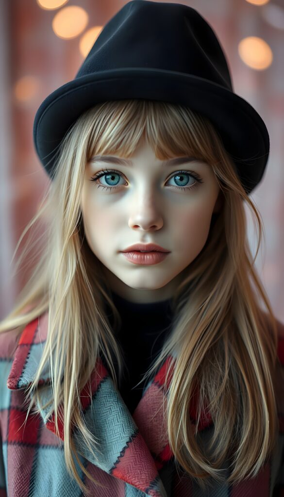 A detailed portrait of a girl with a youthful, radiant expression, looking directly at the viewer. She wears a stylish black hat and a vibrant checkered coat, contrasting with her soft, straight soft blonde hair. Her eyes are a captivating light blue, framed by delicate eyelashes, and her full lips are subtly pink. The image is rendered in soft, pastel colors, with a gentle glow enhancing her features. The background is a dreamy blend of pastel hues, creating a serene and enchanting atmosphere.