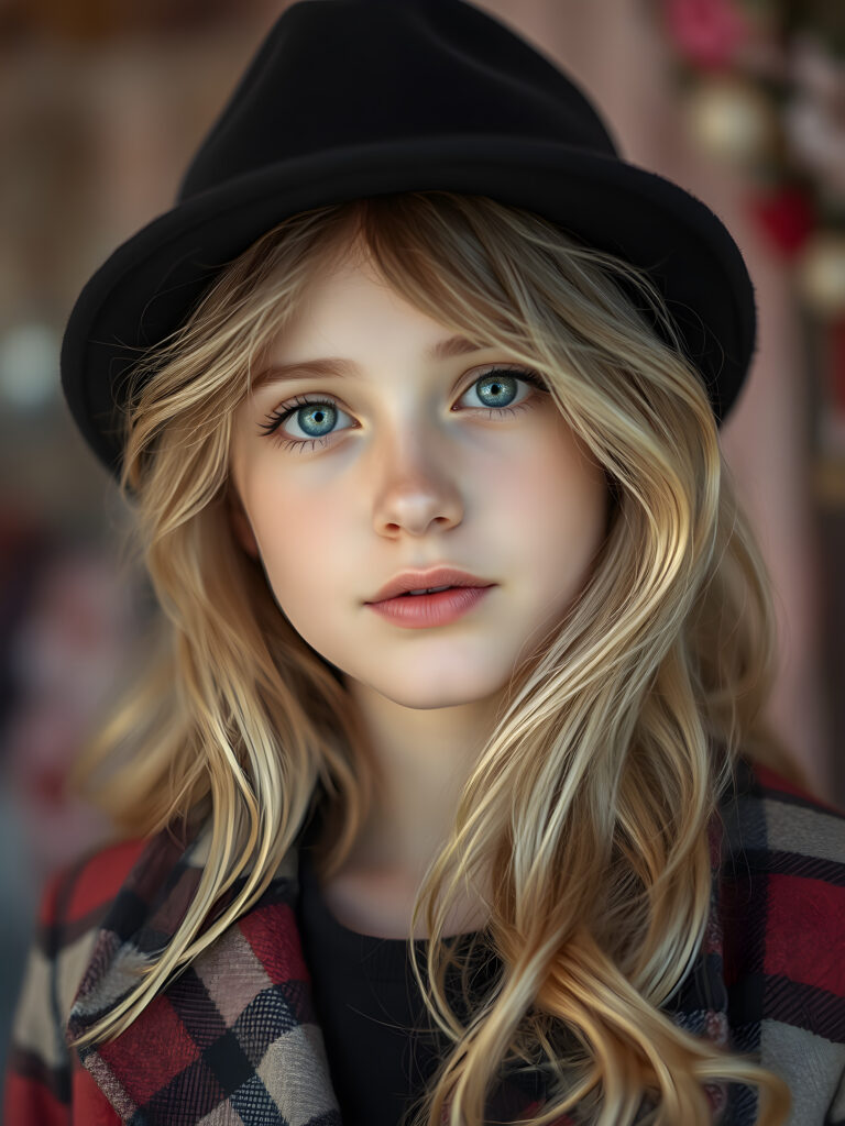 A detailed portrait of a 15-year-old girl with a youthful, radiant expression, looking directly at the viewer. She wears a stylish black hat and a vibrant checkered coat, contrasting with her soft, wavy blonde hair. Her eyes are a captivating light blue, framed by delicate eyelashes, and her full lips are subtly pink. The image is rendered in soft, pastel colors, with a gentle glow enhancing her features. The background is a dreamy blend of pastel hues, creating a serene and enchanting atmosphere.