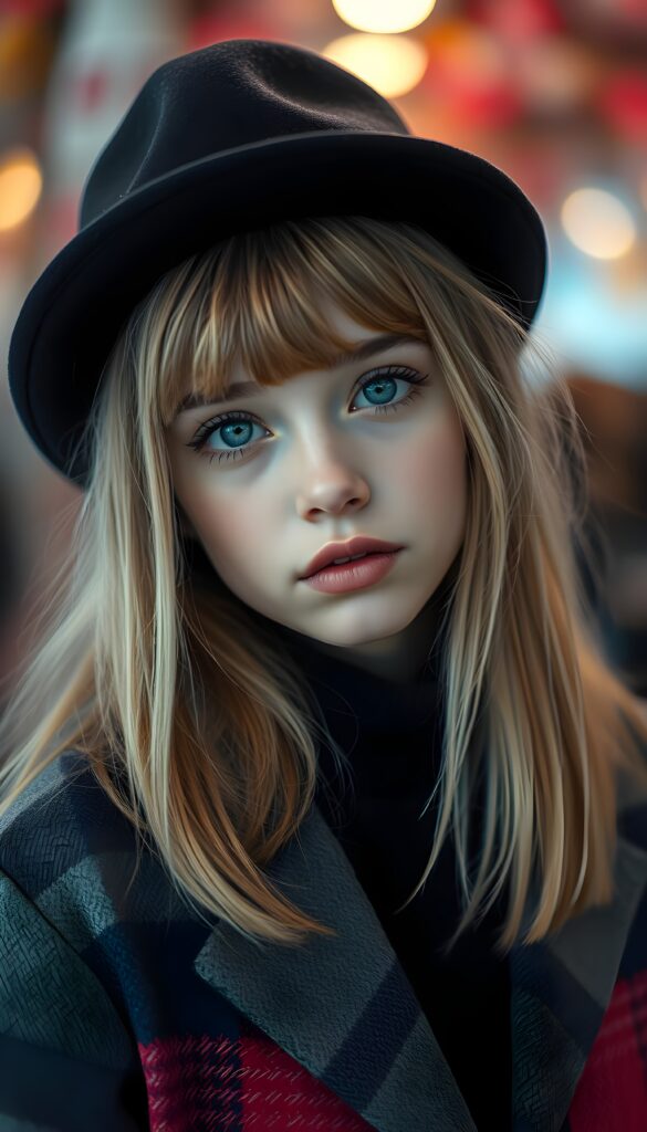 A detailed portrait of a girl with a youthful, radiant expression, looking directly at the viewer. She wears a stylish black hat and a vibrant checkered coat, contrasting with her soft, straight soft blonde hair. Her eyes are a captivating light blue, framed by delicate eyelashes, and her full lips are subtly pink. The image is rendered in soft, pastel colors, with a gentle glow enhancing her features. The background is a dreamy blend of pastel hues, creating a serene and enchanting atmosphere.