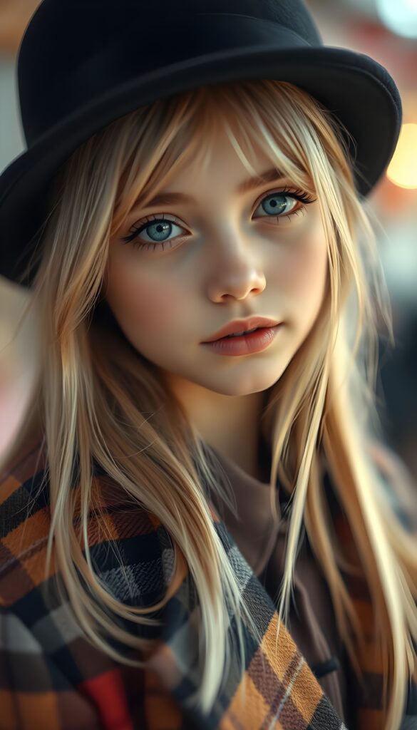 A detailed portrait of a girl with a youthful, radiant expression, looking directly at the viewer. She wears a stylish black hat and a vibrant checkered coat, contrasting with her soft, straight soft blonde hair. Her eyes are a captivating light blue, framed by delicate eyelashes, and her full lips are subtly pink. The image is rendered in soft, pastel colors, with a gentle glow enhancing her features. The background is a dreamy blend of pastel hues, creating a serene and enchanting atmosphere.