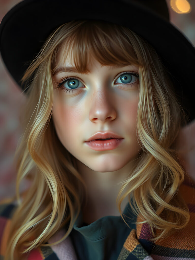 A detailed portrait of a 15-year-old girl with a youthful, radiant expression, looking directly at the viewer. She wears a stylish black hat and a vibrant checkered coat, contrasting with her soft, wavy blonde hair. Her eyes are a captivating light blue, framed by delicate eyelashes, and her full lips are subtly pink. The image is rendered in soft, pastel colors, with a gentle glow enhancing her features. The background is a dreamy blend of pastel hues, creating a serene and enchanting atmosphere.