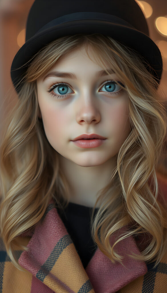 A detailed portrait of a 15-year-old girl with a youthful, radiant expression, looking directly at the viewer. She wears a stylish black hat and a vibrant checkered coat, contrasting with her soft, wavy blonde hair. Her eyes are a captivating light blue, framed by delicate eyelashes, and her full lips are subtly pink. The image is rendered in soft, pastel colors, with a gentle glow enhancing her features. The background is a dreamy blend of pastel hues, creating a serene and enchanting atmosphere.