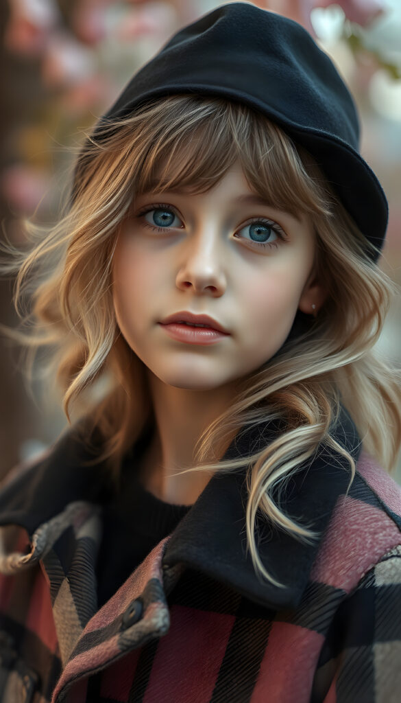 A detailed portrait of a 15-year-old girl with a youthful, radiant expression, looking directly at the viewer. She wears a stylish black hat and a vibrant checkered coat, contrasting with her soft, wavy blonde hair. Her eyes are a captivating light blue, framed by delicate eyelashes, and her full lips are subtly pink. The image is rendered in soft, pastel colors, with a gentle glow enhancing her features. The background is a dreamy blend of pastel hues, creating a serene and enchanting atmosphere.