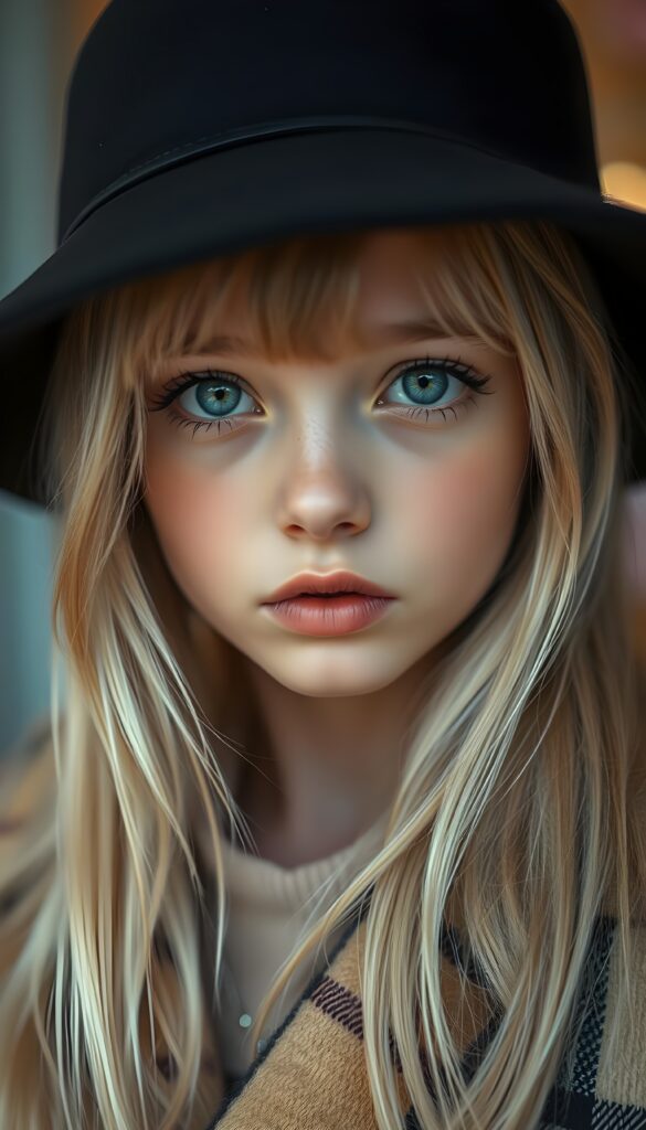 A detailed portrait of a girl with a youthful, radiant expression, looking directly at the viewer. She wears a stylish black hat and a vibrant checkered coat, contrasting with her soft, straight soft blonde hair. Her eyes are a captivating light blue, framed by delicate eyelashes, and her full lips are subtly pink. The image is rendered in soft, pastel colors, with a gentle glow enhancing her features. The background is a dreamy blend of pastel hues, creating a serene and enchanting atmosphere.