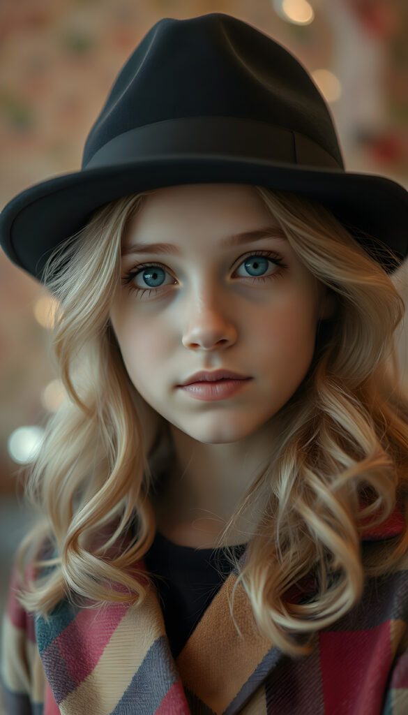 A detailed portrait of a 15-year-old girl with a youthful, radiant expression, looking directly at the viewer. She wears a stylish black hat and a vibrant checkered coat, contrasting with her soft, wavy blonde hair. Her eyes are a captivating light blue, framed by delicate eyelashes, and her full lips are subtly pink. The image is rendered in soft, pastel colors, with a gentle glow enhancing her features. The background is a dreamy blend of pastel hues, creating a serene and enchanting atmosphere.