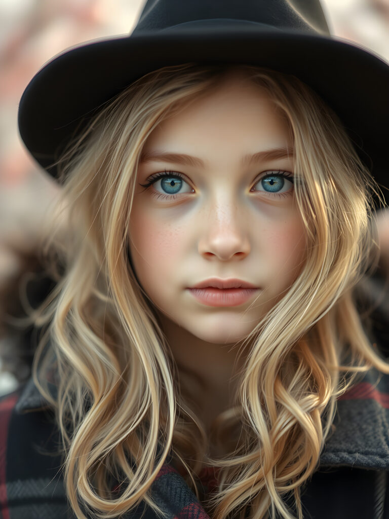 A detailed portrait of a 15-year-old girl with a youthful, radiant expression, looking directly at the viewer. She wears a stylish black hat and a vibrant checkered coat, contrasting with her soft, wavy blonde hair. Her eyes are a captivating light blue, framed by delicate eyelashes, and her full lips are subtly pink. The image is rendered in soft, pastel colors, with a gentle glow enhancing her features. The background is a dreamy blend of pastel hues, creating a serene and enchanting atmosphere.