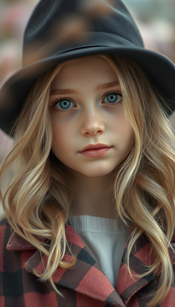 A detailed portrait of a 15-year-old girl with a youthful, radiant expression, looking directly at the viewer. She wears a stylish black hat and a vibrant checkered coat, contrasting with her soft, wavy blonde hair. Her eyes are a captivating light blue, framed by delicate eyelashes, and her full lips are subtly pink. The image is rendered in soft, pastel colors, with a gentle glow enhancing her features. The background is a dreamy blend of pastel hues, creating a serene and enchanting atmosphere.