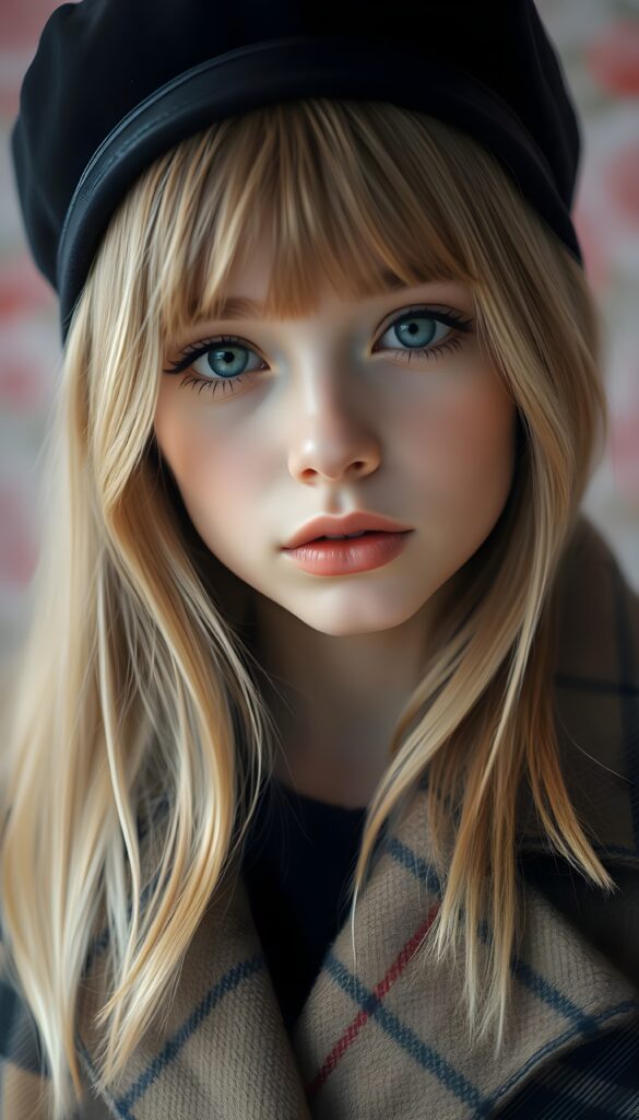 A detailed portrait of a girl with a youthful, radiant expression, looking directly at the viewer. She wears a stylish black hat and a vibrant checkered coat, contrasting with her soft, straight soft blonde hair. Her eyes are a captivating light blue, framed by delicate eyelashes, and her full lips are subtly pink. The image is rendered in soft, pastel colors, with a gentle glow enhancing her features. The background is a dreamy blend of pastel hues, creating a serene and enchanting atmosphere.