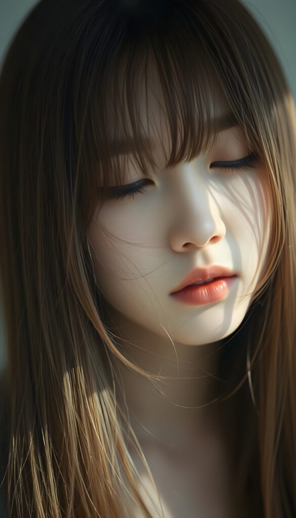 A (((diffuse and ethereal portrait))), capturing a (((Korean teen girl with very long straight soft hazelnut amber hair))), whose face is half-obscured by a soft drape of strands, bangs, suggesting a muted fatigue that comes from years of tending to such luxurious locks. Half closed eyes.