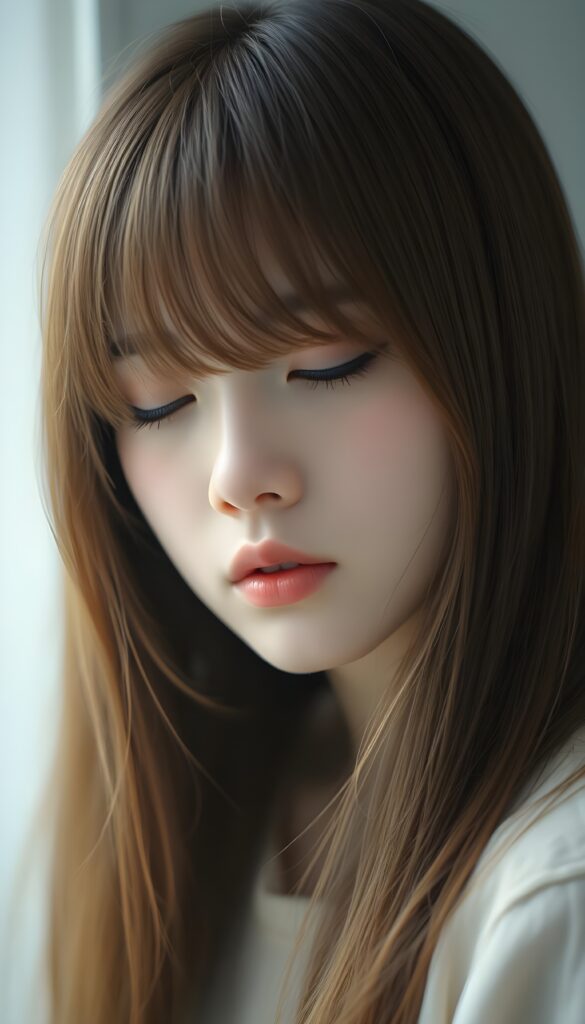 A (((diffuse and ethereal portrait))), capturing a (((Korean teen girl with very long straight soft hazelnut amber hair))), whose face is half-obscured by a soft drape of strands, bangs, suggesting a muted fatigue that comes from years of tending to such luxurious locks. Half closed eyes.