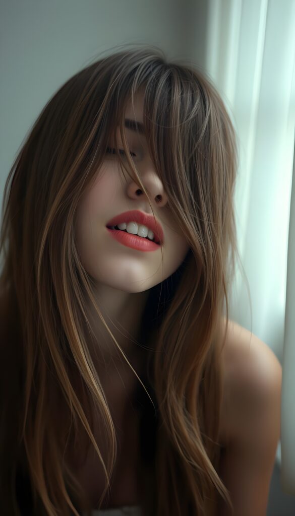A (((diffuse and ethereal portrait))), capturing a (((teen girl with very long straight brown hair and blond highlights))), whose face is half-obscured by a soft drape of strands, suggesting a muted fatigue that comes from years of tending to such luxurious locks. Closed eyes and red full kissable lips, white teeth. Wide open mouth, she looks up and is happy. View from above.