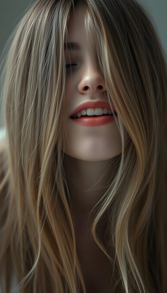 A (((diffuse and ethereal portrait))), capturing a (((teen girl with very long straight brown hair and blond highlights))), whose face is half-obscured by a soft drape of strands, suggesting a muted fatigue that comes from years of tending to such luxurious locks. Closed eyes and red full kissable lips, white teeth. Wide open mouth, she looks up and is happy. View from above.