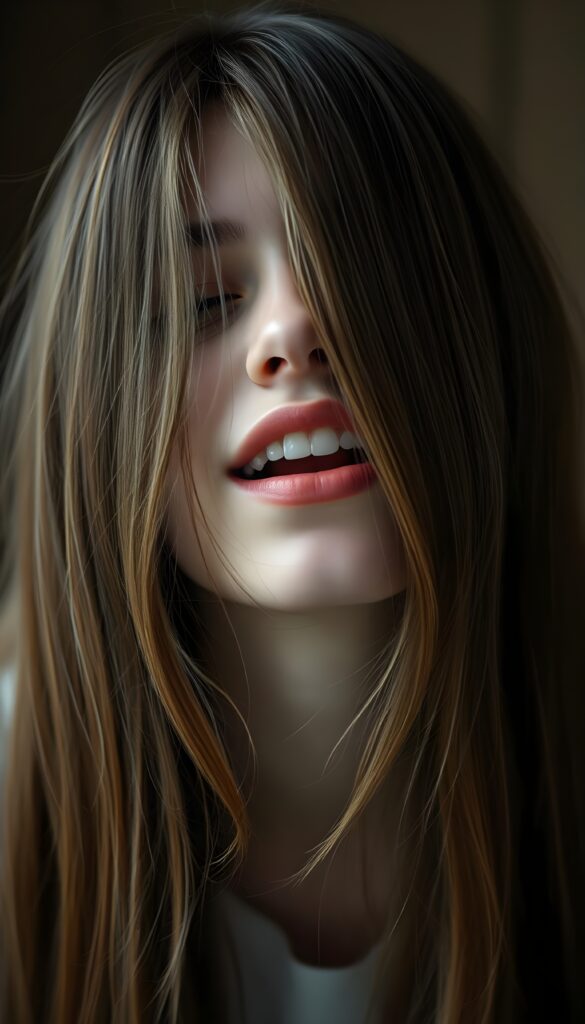 A (((diffuse and ethereal portrait))), capturing a (((teen girl with very long straight brown hair and blond highlights))), whose face is half-obscured by a soft drape of strands, suggesting a muted fatigue that comes from years of tending to such luxurious locks. Closed eyes and red full kissable lips, white teeth. Wide open mouth, she looks up and is happy. View from above.